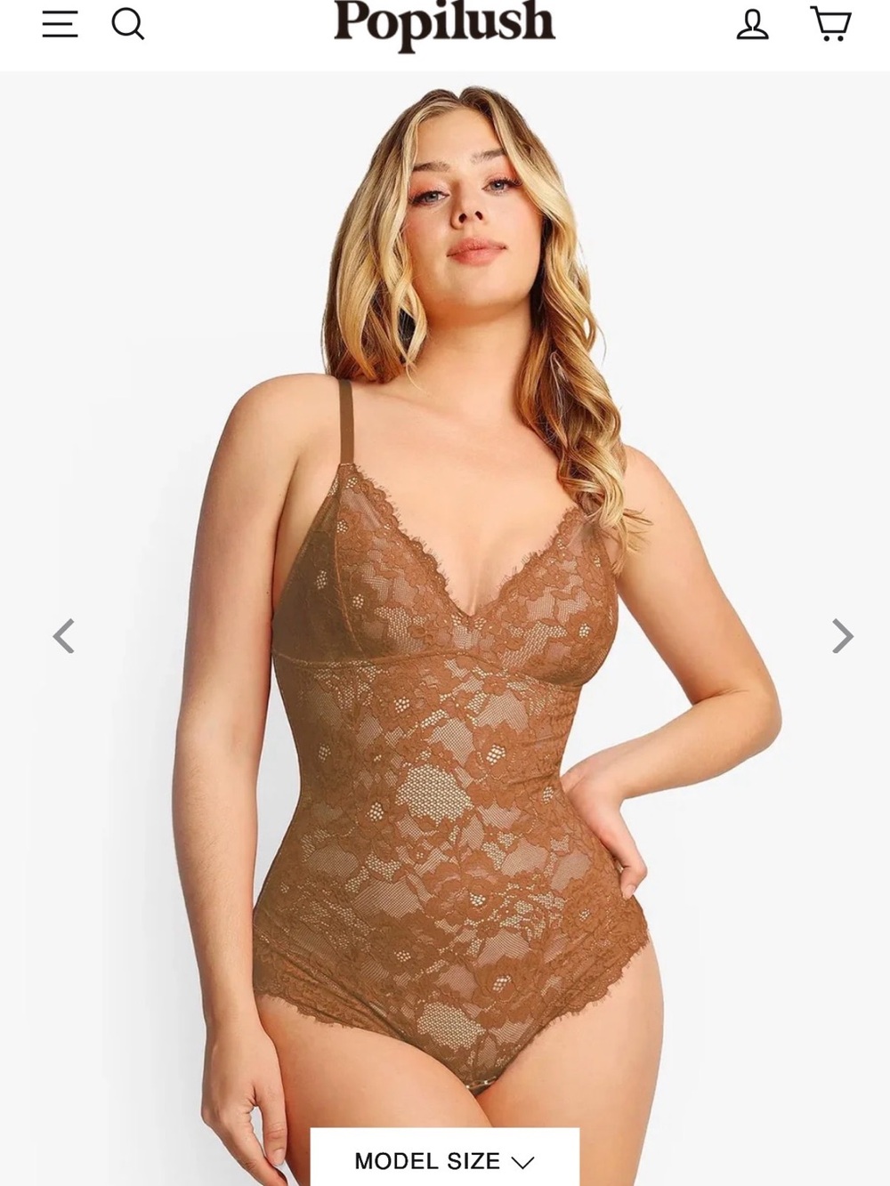 Populush Lace V-Neck Bodysuit in Brown